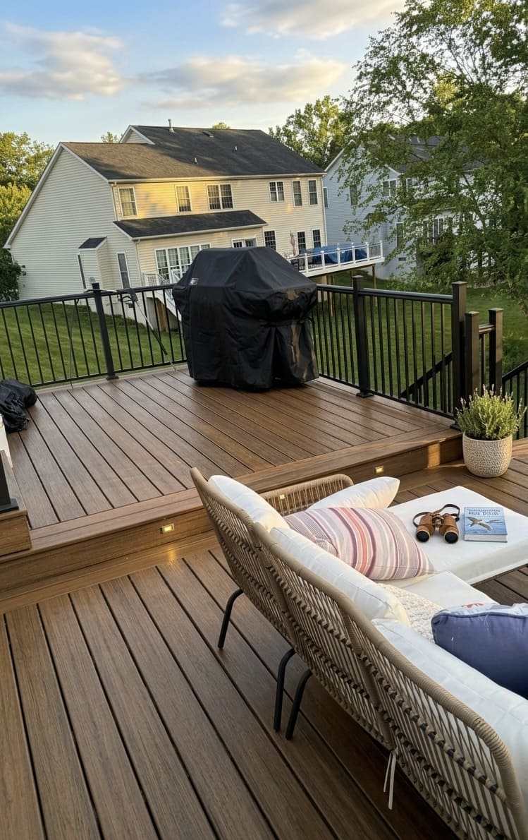 Pressure-treated wood deck with classic railing and stairs