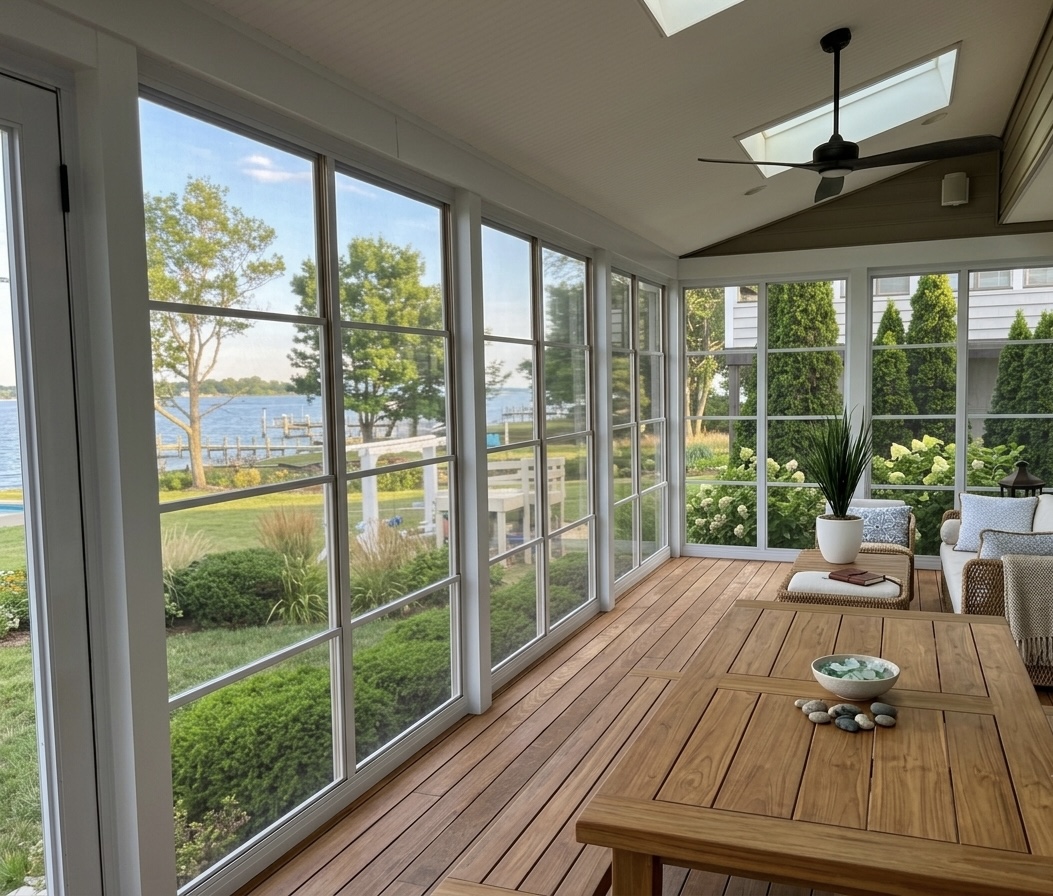 Low-maintenance outdoor deck with dining area